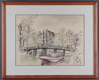 D'Arcy, Amsterdam canal scene, pen and ink, signed and dated 1962, 29cm x 38cm within a stained wood frame