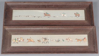 After Cecil Charles Windsor Aldin (1870-1935), a pair of coloured prints, hunting and coaching scenes 9cm x 63cm, contained in oak frames