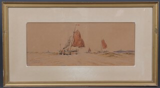 R Warren Vernon, watercolour drawing "Dutch Trawlers" signed 21cm x 52cm (some sun bleaching) 