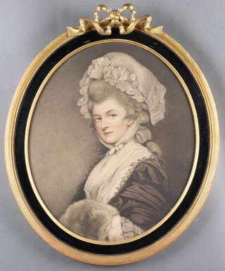After George Romney, "Mrs Mary Robinson" hand coloured print, 54cm x 45cm, within an ebonised and gilt frame