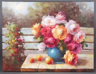 A coloured print on canvas, still life study of a vase of flowers with oranges 47cm x 61cm 