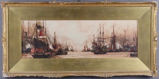 After Charles Edward Dixon "The Lower Pool" a print, harbour scene with ships  17cm x 52cm contained in a gilt frame marked Ernest Stuart "An Angry Sea Off Cresswell" which does not relate to the picture 