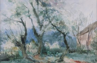 Gyula Sajo (Hungarian, 1918-1989), North Maros, Hungary, watercolour, signed and dated 1956, 28cm x 43cm, within a gilt frame.