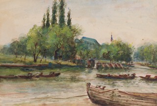 William Freeman (British, 1853-1935), Landscape with River and Boats, watercolour, artistâ€™s name on mount, 22cm x 32cm, within a gilt frame.