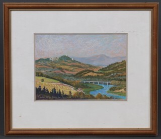 Nicholas N de Grandmaison (Canadian born 1938) landscape with river and bridge, pastel drawing on paper signed, 16cm x 22cm 