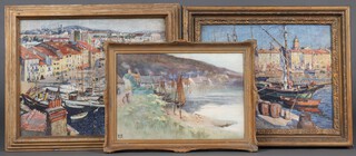 After Nivou Pies, impressionist coloured print, Continental harbour scene, 43cm x 55cm, 1 other harbour scene 38cm x 49cm together with a watercolour monogrammed ES, study of a harbour with buildings 32cm x 47cm 