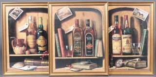 Raymond Campbell, 3 coloured prints, still life studies of bottles of whisky 54cm x 43cm 