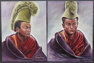 Yuliang Wu, a pair of oil paintings on canvas signed, studies of Tibetan Priests 61cm x 46cm 
