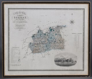 C and I Greenwood, a coloured map of Surrey 55cm x 67cm, contained in a Hogarth frame 