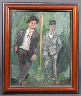 M Hardy, oil on canvas, study of a standing Laurel and Hardy by a lamp post 49cm x 39cm 