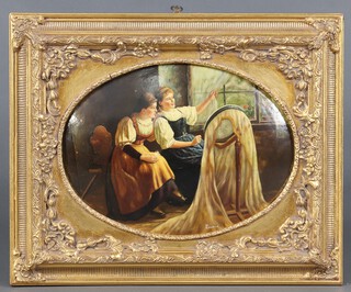A reproduction Victorian coloured print of 2 seated girls 29cm x 37cm, oval, contained a heavy gilt frame 