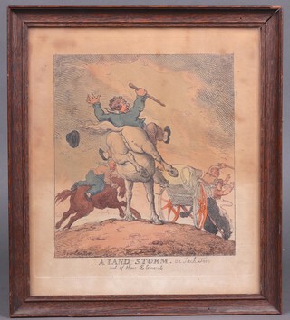 Two Victorian coloured prints "Fox Hill" 12cm x 17cm and "West Horsley Place" 13cm x 17cm, both in Hogarth frames, 2 coloured hunting and racing prints 8cm x 14cm in mahogany frames and a satirical print  "A Land Storm" in an oak frame 