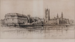 **Sydney Robert Jones (British, 1891-1966),  A View of the Thames with Old Lambeth Bridge and the Palace at Westminster, early 20th century etching, signed in pencil, 20cm x 38cm, within a wood frame ** Please note - Artists Re-sale Rights may be payable on this lot