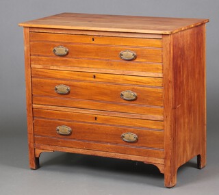 An Edwardian satinwood dressing chest of 3 drawers with metal plate drop handles 83cm h x 91cm w x 49cm d (2 small holes to the top)