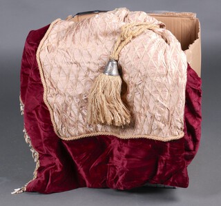 A large cream and red quilted and door curtain with pinched pleat top 231cm x 203cm 