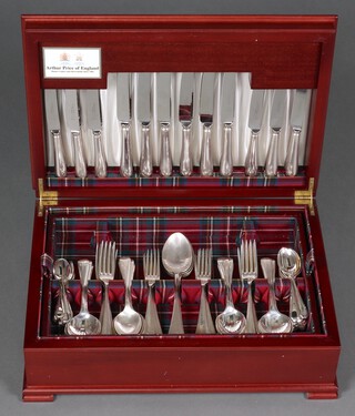 Arthur Price, a 124 piece canteen of Old English pattern silver plated flatware comprising 12 fish knives, 12 fish forks, 12 dinner knives, 12 dinner forks, 4 serving spoons, 12 pudding spoons, 12 pudding forks, 12 tea knives, 12 tea spoons and 12 coffee spoons, contained in a mahogany canteen box 