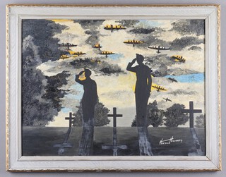 Harold Howarth "Greater love hath no Man" (R.A.F. Memorial), 20th century oil on board, signed recto, titled label verso, 45cm x 60cm, within a painted composition frame