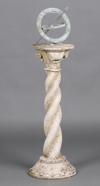 A gilt metal armillary raised on a well weathered spiral concrete base 71cm h 