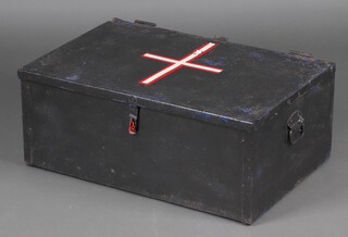 A rectangular metal trunk with hinged lid 30cm h x 77cm w x 52cm d 