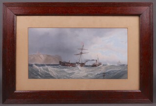 W W May, watercolour, study of a sailing ship and paddle steamer in heavy sea, cliffs in distance 24cm x 45cm 