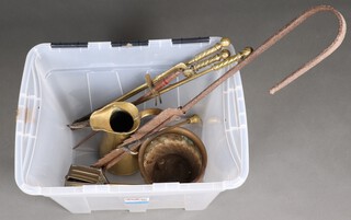A Sankey & Son brass jug of waisted form 32cm (lip damaged), an iron pot hanger, brass jardiniere and a collection of fire irons