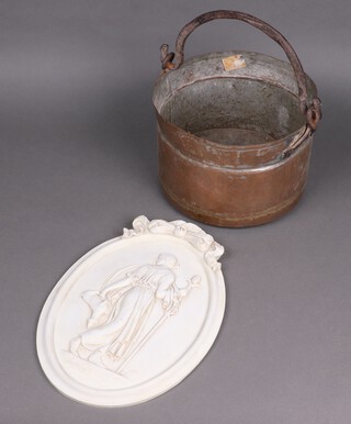 An oval reproduction wall plaque decorated a shepherdess 37cm, together with a copper pail with iron handle 