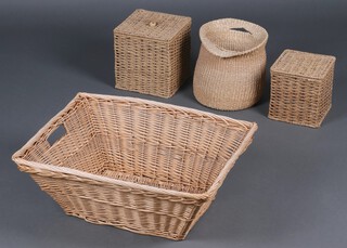 A rectangular twin handled basket 25cm x 61cm x 43cm, 2 wicker boxes and covers and a wicker work basket of waisted form 