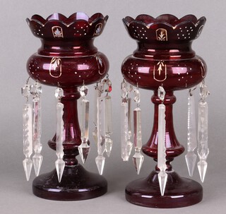 A pair of Victorian red glass overlay lustres 33cm (chips to lustres) 
