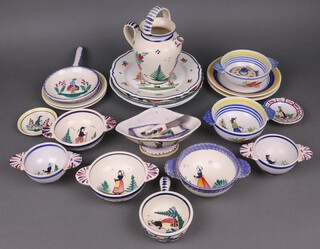 A Quimper Ware jug, 7 ditto twin handled bowls and other items of Quimper Ware 