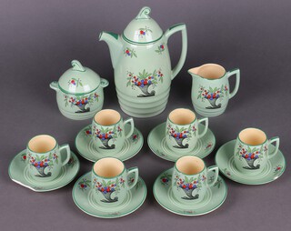 An Art Deco Mintons Solanzo Ware Isis 15 piece coffee set with coffee pot, sugar bowl and cover, cream jug, 6 cups (1 chipped) and 6 saucers (1 with small chip, 1 broken)