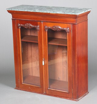 A Victorian mahogany bookcase top with marble top, fitted shelves enclosed by panelled doors 106cm h x 100cm w x 35cm d 