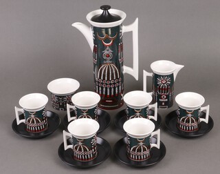 A 15 piece Susan Williams-Ellis for Portmeirion "Magic City" coffee set comprising coffee pot, sugar bowl, cream jug, 6 cups and 6 saucers (cups have crazing, 1 handle is stuck, 2 saucers ring flat so may be cracked) 