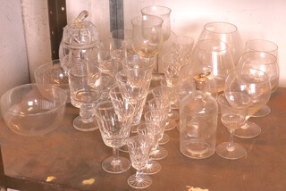 Two 19th Century etched glass finger bowls, 4 cut glass sherry glasses, a glass bottle and stopper and other glassware