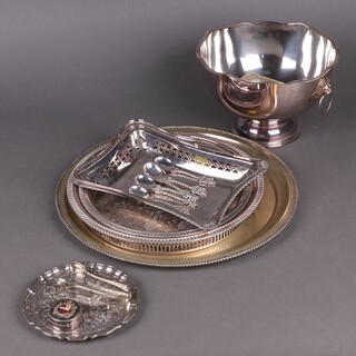An oval silver plated salver, 2 circular pierced ditto, rectangular plated cake basket, plated bowl and other plated items 