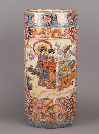 A Chinese style stick stand with polychrome decoration 46cm h x 20cm diam. 