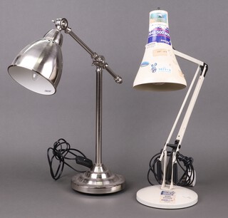 A white anglepoise table lamp together with a chrome ditto (these lamps have failed an electrical PAT test and would require rewiring, to be sold for decorative purposes only)