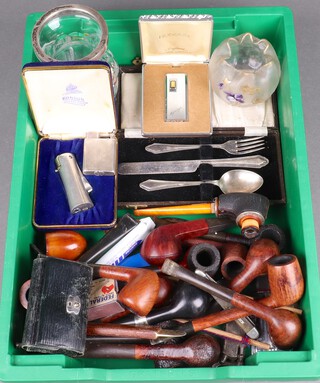 A collection of vintage pipes, a glass vase with 800 silver mount and a collection of vintage lighters 