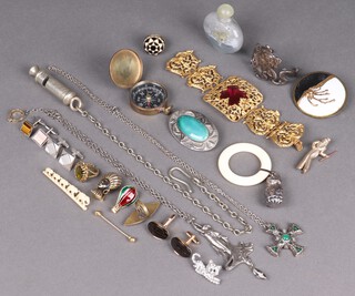 A metropolitan police whistle, a glass snuff bottle, various costume jewellery 