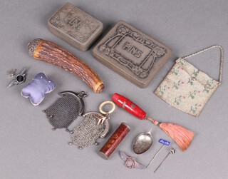 A stag horn handle, 3 ladies evening purses etc  