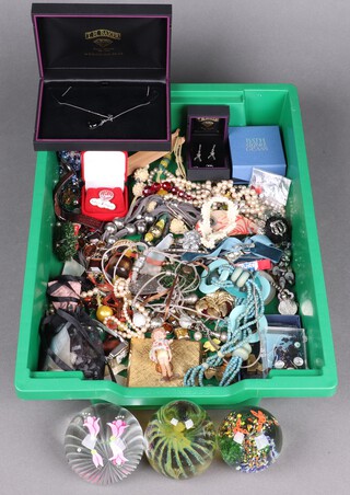 A Murano glass paperweight, 2 other paperweights and a collection of costume jewellery 