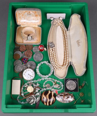 A string of Lotus simulated pearls, open faced pocket and a collection of coins and costume jewellery 