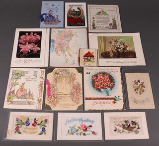 Two Edwardian embroidered birthday cards with rose decoration, ditto Christmas card and a Fond Thoughts card, together with 8 birthday cards and a postcard 