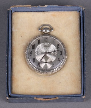 Admiral, an open faced dress pocket watch  contained in an engraved steel case (currently running)