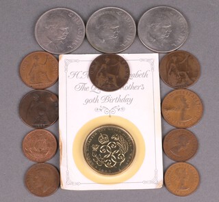 Three Churchill crowns, a Royal Mint Queen Elizabeth 90th Birthday crown and a small collection of copper coinage 