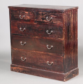 A brown stained pine chest of 2 short and 2 long drawers with brass swan neck drop handles, raised on a platform base 100cm h x 100cm w x 37cm d 