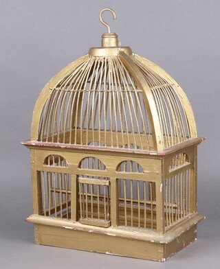 A gilt painted dome shaped wooden bird cage 47cm x 35cm x 22cm 