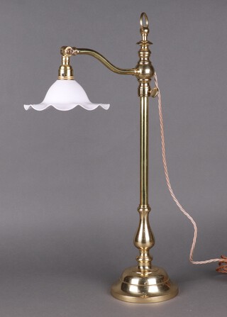 An Edwardian style gilt metal table lamp with opaque glass shade 63cm 