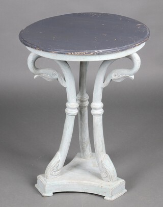 A Regency style circular blue and grey painted occasional table raised on swan head supports with a platform base 65cm h x 50cm diam. 