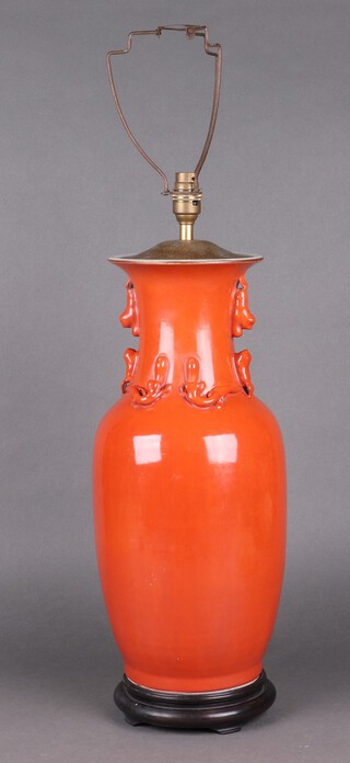 A Chinese style orange glazed table lamp in the form of an urn 51cm