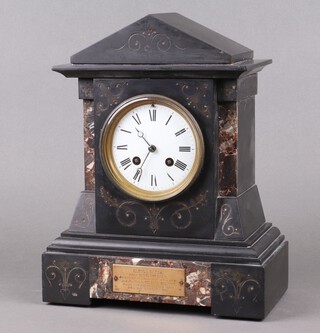 AD Mougin, a French 19th Century striking mantel clock, the 10cm enamelled dial with Roman numerals, contained in a 2 colour marble case, the back plate marked 36226 AN Made in France, with plaque to the front  32cm x 26cm x 13cm 